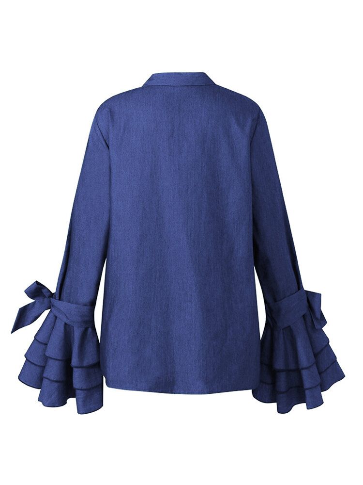 Blusa Casual Elegante De Color Sólido Con Cuello De Solapa Y Manga De Pagoda Para Mujer