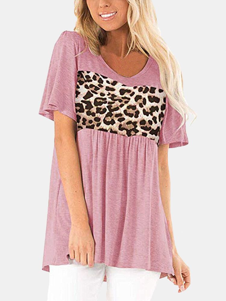 Blusa Casual De Manga Corta Con Cuello Redondo Y Estampado De Leopardo Para Mujer