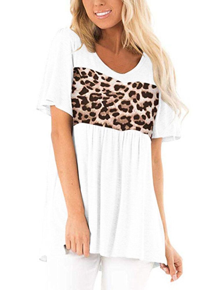 Blusa Casual De Manga Corta Con Cuello Redondo Y Estampado De Leopardo Para Mujer