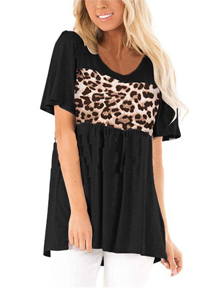 Blusa Casual De Manga Corta Con Cuello Redondo Y Estampado De Leopardo Para Mujer