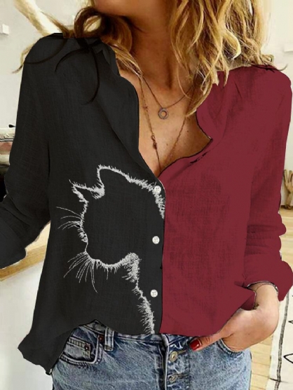 Blusa Casual De Manga Larga De Color De Contraste Con Estampado De Gato Para Mujer