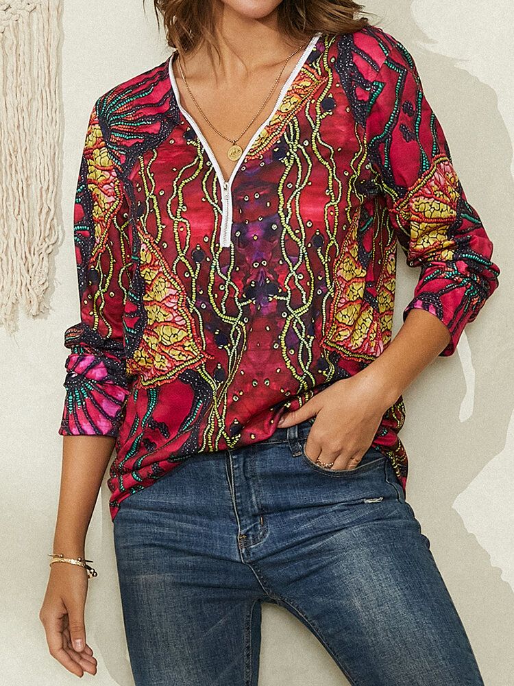 Blusa Casual De Manga Larga Con Cremallera Y Cuello En V Con Estampado Floral Vintage Para Mujer