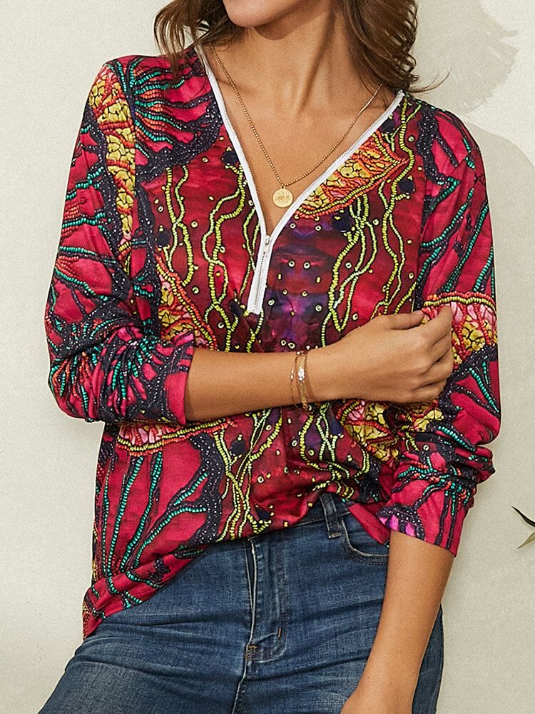 Blusa Casual De Manga Larga Con Cremallera Y Cuello En V Con Estampado Floral Vintage Para Mujer