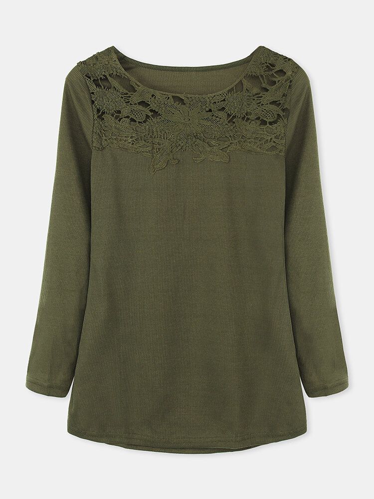 Blusa Casual De Manga Larga Con Cuello Redondo Y Crochet De Patchwork Para Mujer