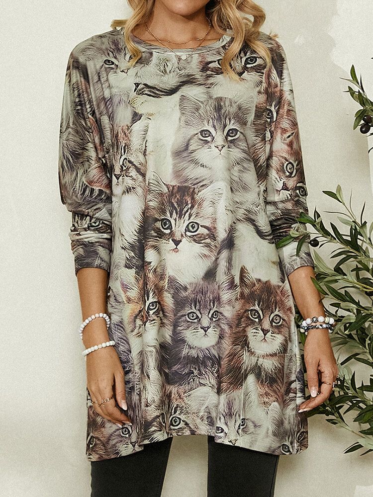 Blusa Casual De Manga Larga Con Cuello Redondo Y Estampado De Gato Lindo Para Mujer Con Bolsillo