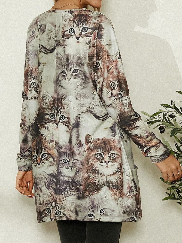 Blusa Casual De Manga Larga Con Cuello Redondo Y Estampado De Gato Lindo Para Mujer Con Bolsillo