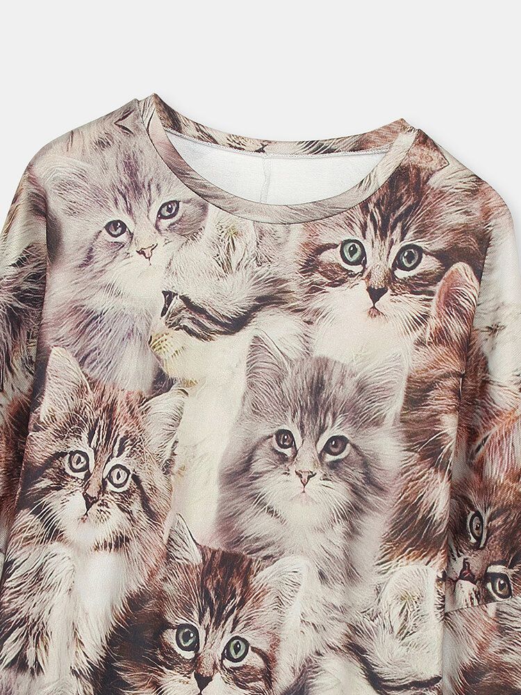 Blusa Casual De Manga Larga Con Cuello Redondo Y Estampado De Gato Lindo Para Mujer Con Bolsillo