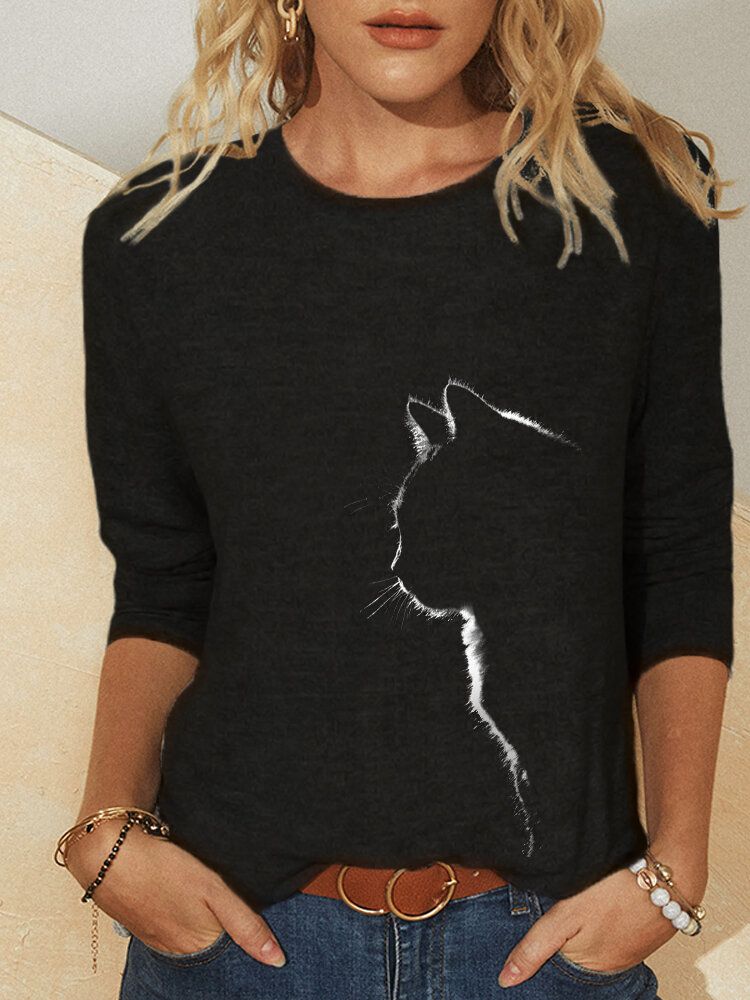 Blusa Casual De Manga Larga Con Cuello Redondo Y Estampado De Gato Para Mujer