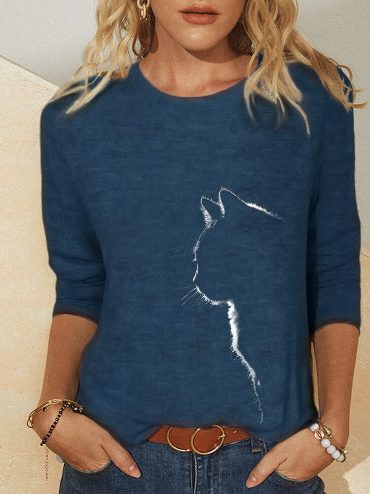 Blusa Casual De Manga Larga Con Cuello Redondo Y Estampado De Gato Para Mujer