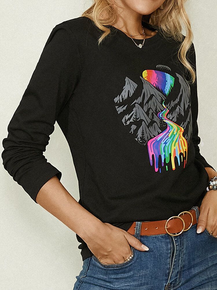 Blusa Casual De Manga Larga Con Cuello Redondo Y Estampado De Paisaje Para Mujer