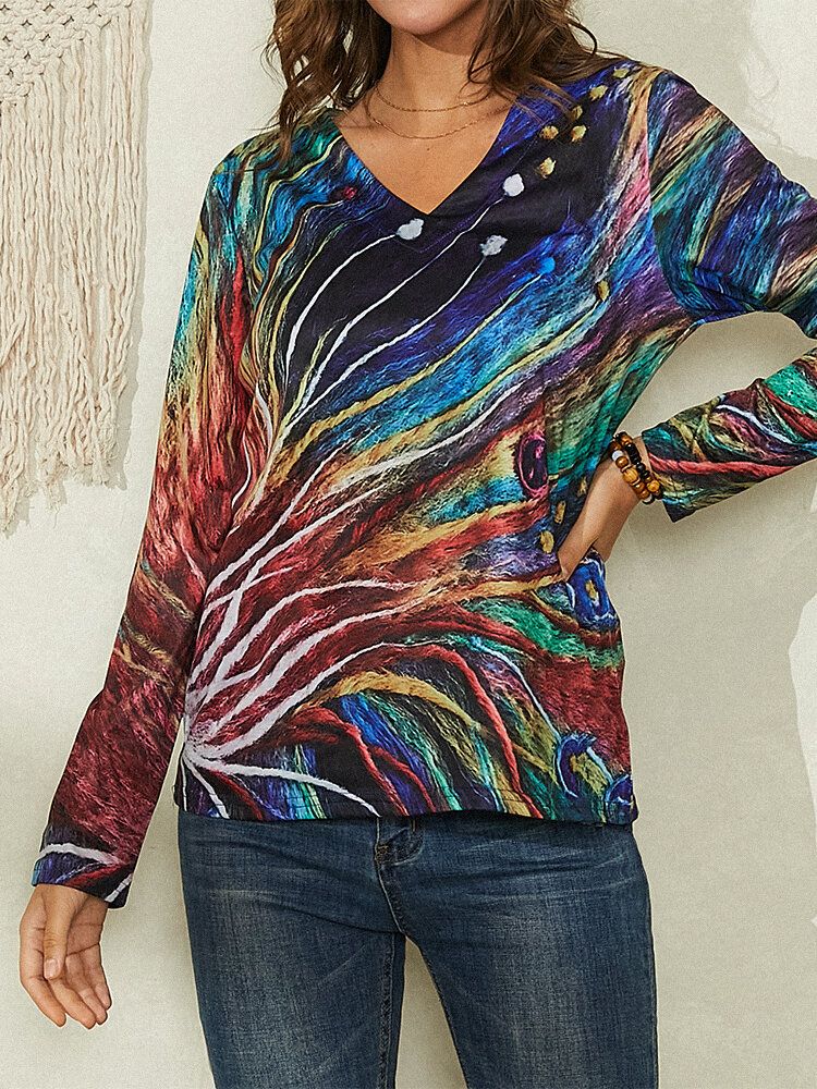 Blusa Casual De Manga Larga Con Cuello En V Y Estampado De Líneas Artísticas Coloridas Para Mujer