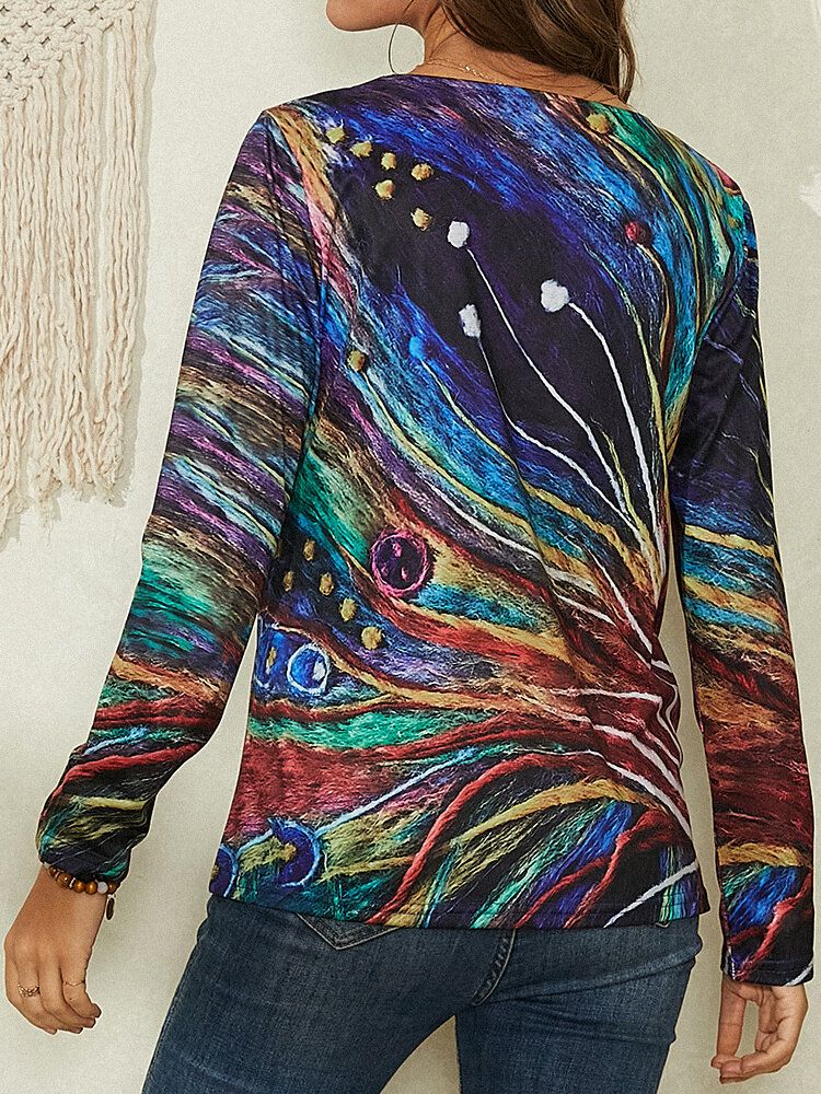 Blusa Casual De Manga Larga Con Cuello En V Y Estampado De Líneas Artísticas Coloridas Para Mujer