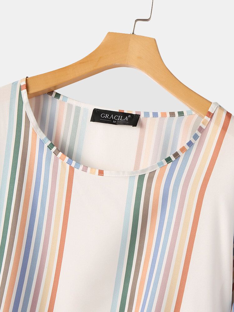 Blusa Casual De Manga Larga Con Estampado De Rayas De Colores Para Mujer