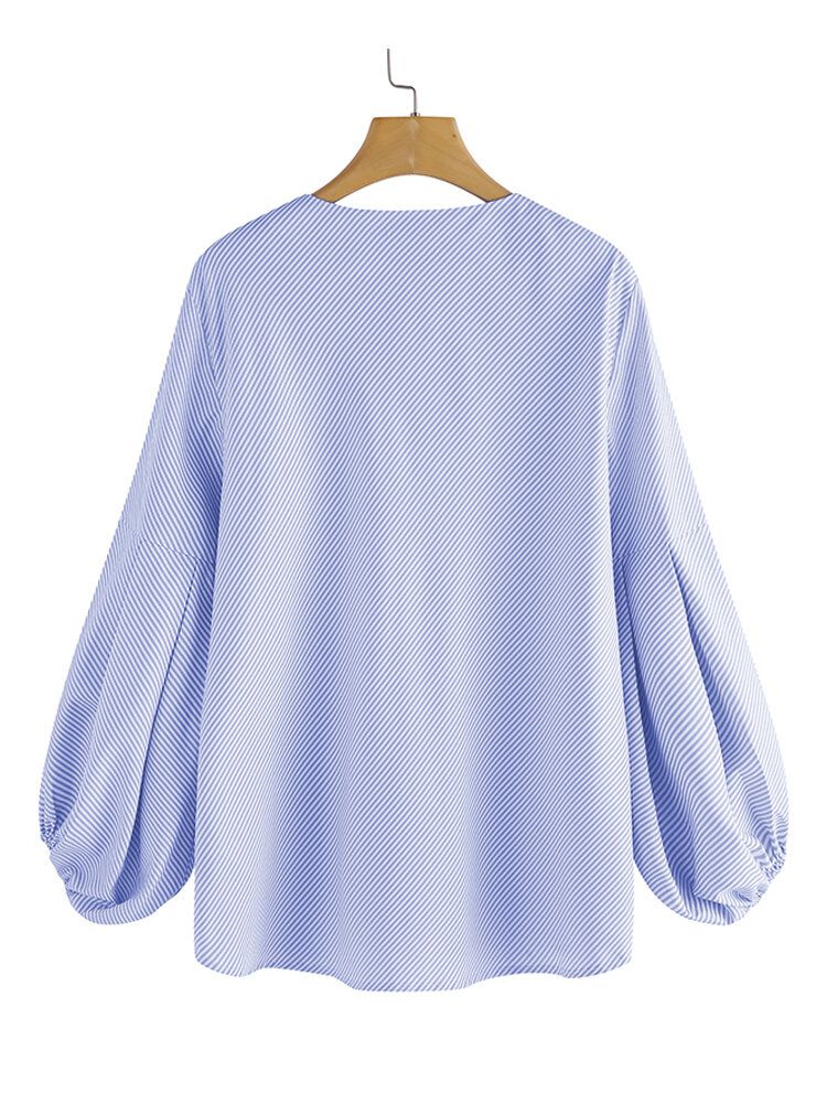 Blusa Casual Salvaje Con Cuello En V Y Manga De Linterna A Rayas Estilo Ol Para Mujer