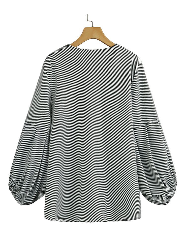 Blusa Casual Salvaje Con Cuello En V Y Manga De Linterna A Rayas Estilo Ol Para Mujer