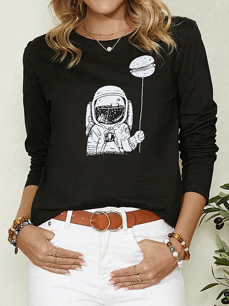 Blusa Casual Simple De Manga Larga Con Estampado De Astronauta De Dibujos Animados Para Mujer