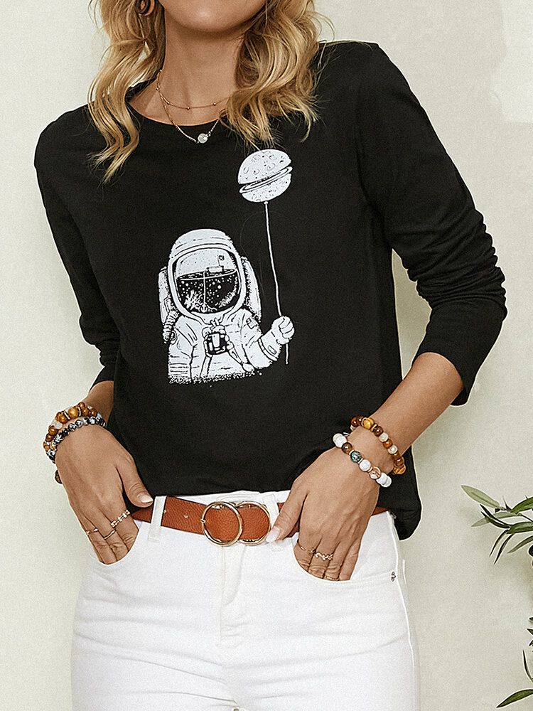 Blusa Casual Simple De Manga Larga Con Estampado De Astronauta De Dibujos Animados Para Mujer