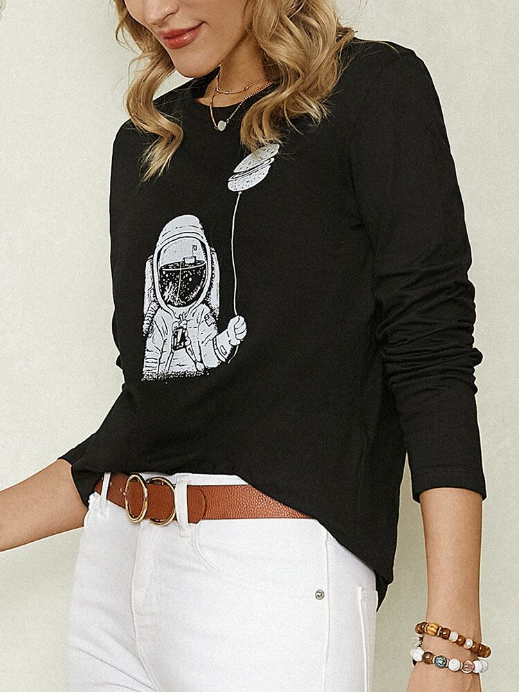 Blusa Casual Simple De Manga Larga Con Estampado De Astronauta De Dibujos Animados Para Mujer