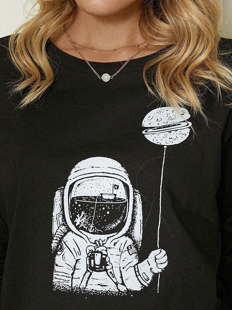 Blusa Casual Simple De Manga Larga Con Estampado De Astronauta De Dibujos Animados Para Mujer