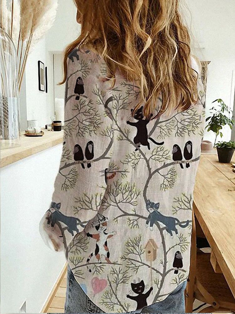 Blusa Casual De Solapa De Manga Larga Con Estampado De Gato De Dibujos Animados Para Mujer