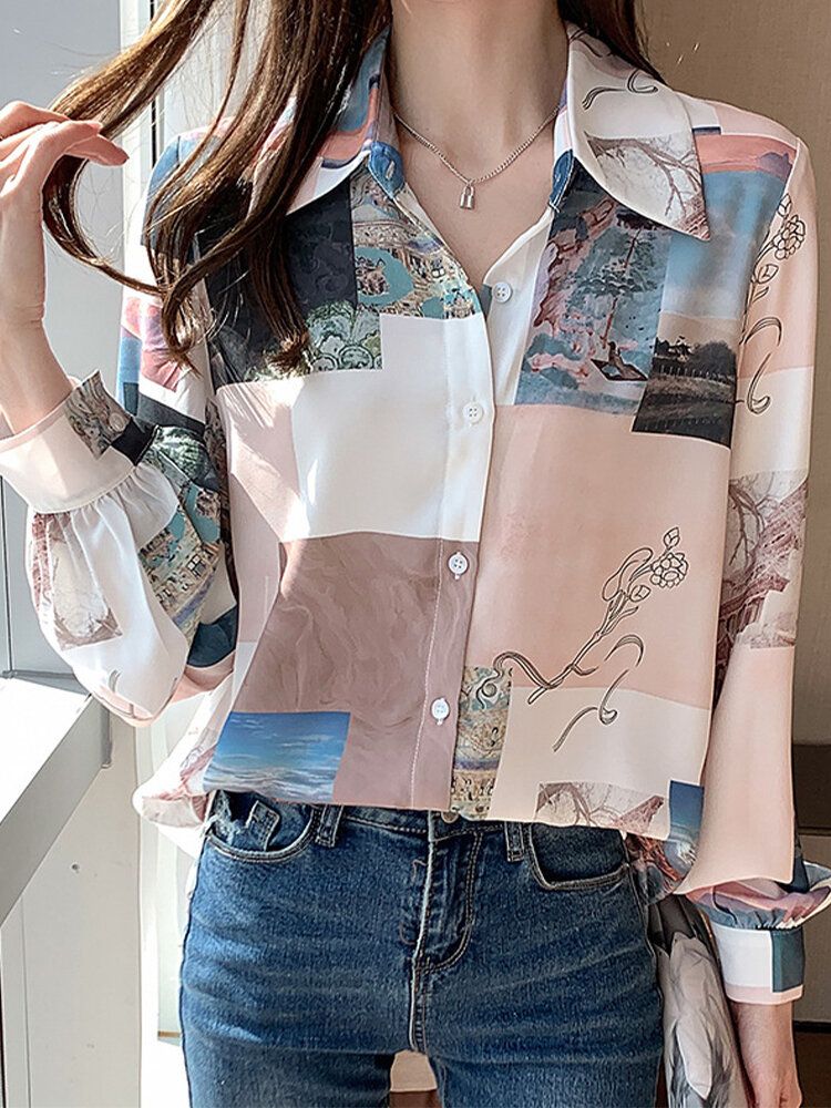 Blusa Casual De Solapa De Manga Larga Con Estampado De Paisaje En Bloque Para Mujer