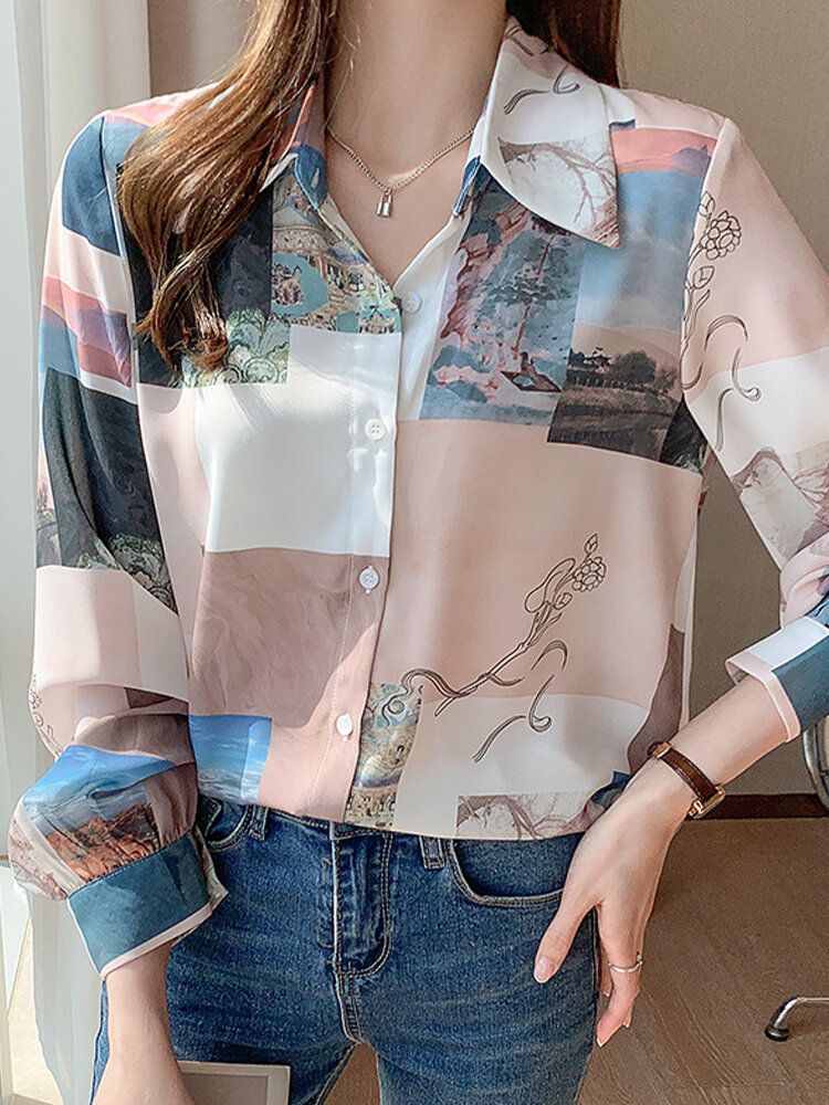 Blusa Casual De Solapa De Manga Larga Con Estampado De Paisaje En Bloque Para Mujer