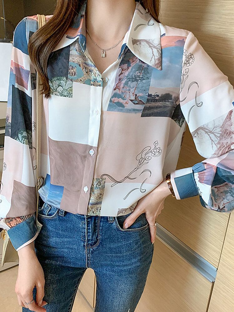 Blusa Casual De Solapa De Manga Larga Con Estampado De Paisaje En Bloque Para Mujer