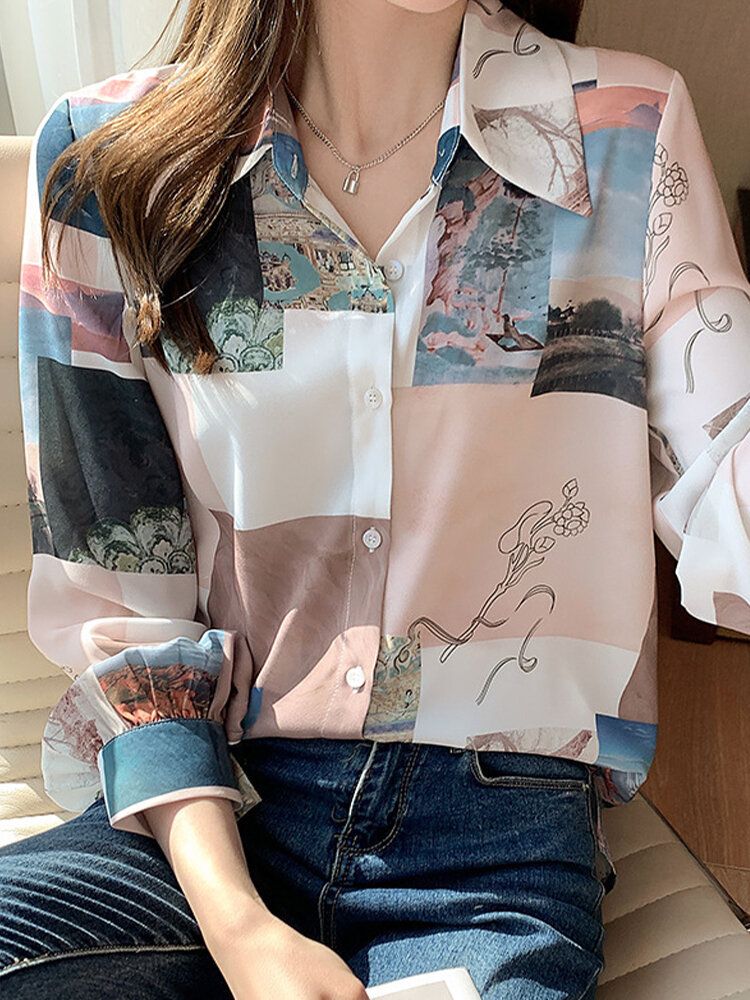 Blusa Casual De Solapa De Manga Larga Con Estampado De Paisaje En Bloque Para Mujer