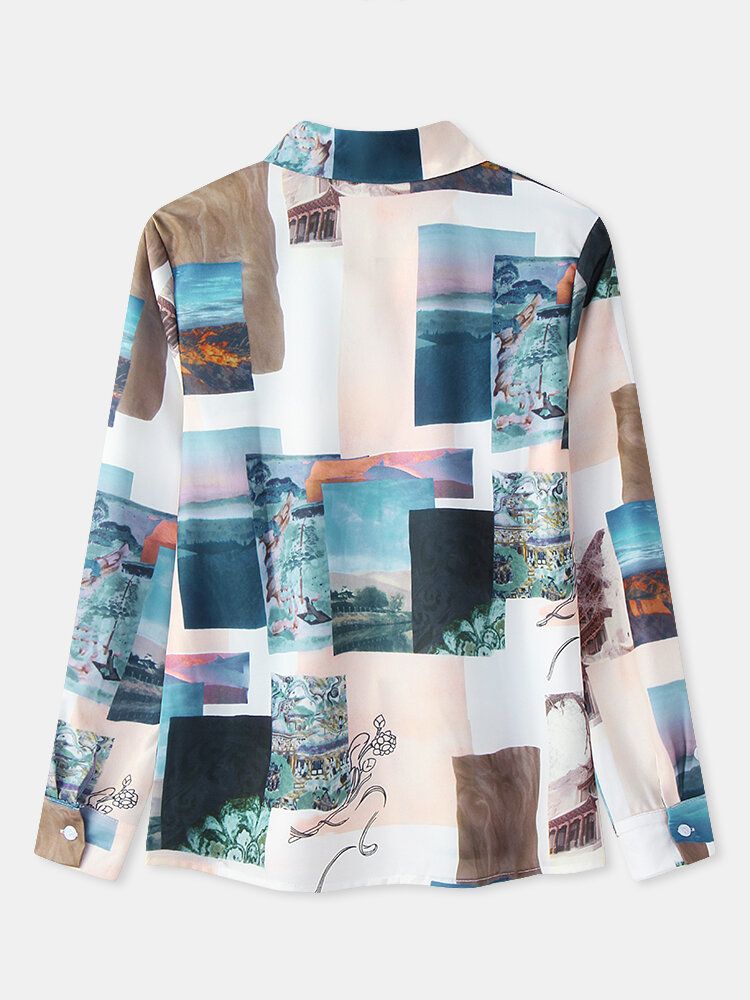 Blusa Casual De Solapa De Manga Larga Con Estampado De Paisaje En Bloque Para Mujer