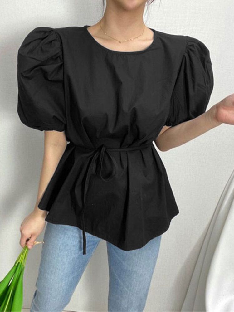 Blusa Casual Sólida Plisada Con Cuello Redondo Y Manga Abullonada Para Mujer