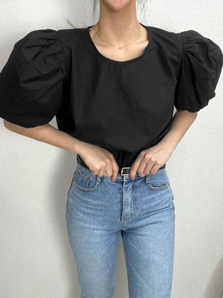 Blusa Casual Sólida Plisada Con Cuello Redondo Y Manga Abullonada Para Mujer