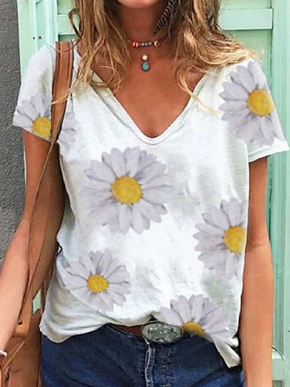 Blusa Causal De Algodón Con Estampado De Crisantemo Y Cuello En V De Manga Corta Para Mujer