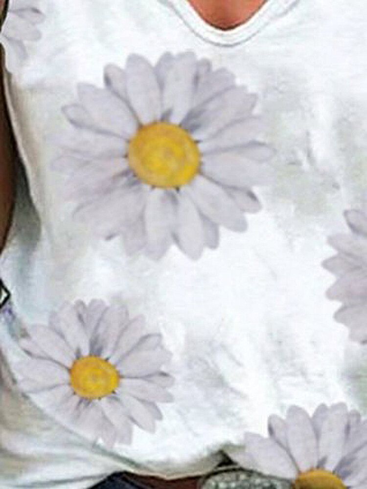 Blusa Causal De Algodón Con Estampado De Crisantemo Y Cuello En V De Manga Corta Para Mujer