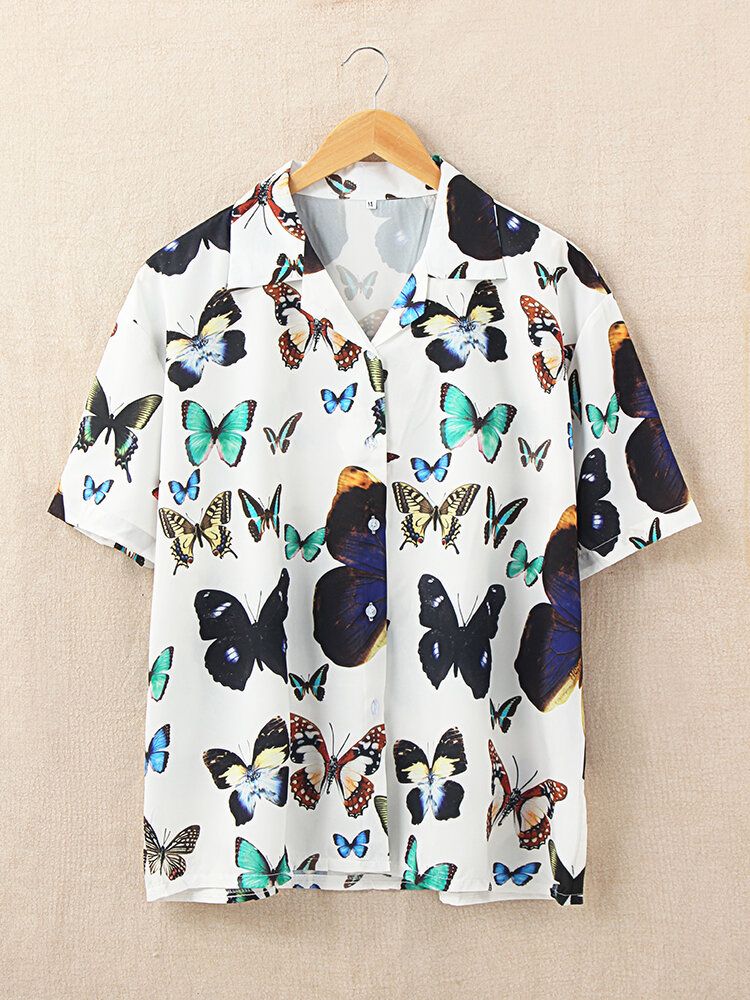 Blusa Causal De Verano De Media Manga Con Cuello Vuelto Con Estampado De Mariposa