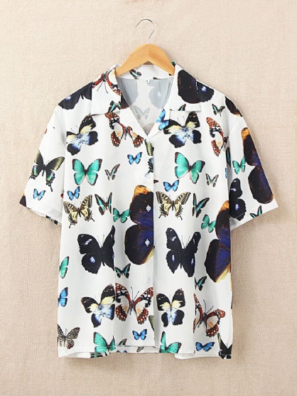 Blusa Causal De Verano De Media Manga Con Cuello Vuelto Con Estampado De Mariposa