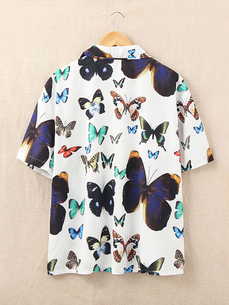 Blusa Causal De Verano De Media Manga Con Cuello Vuelto Con Estampado De Mariposa