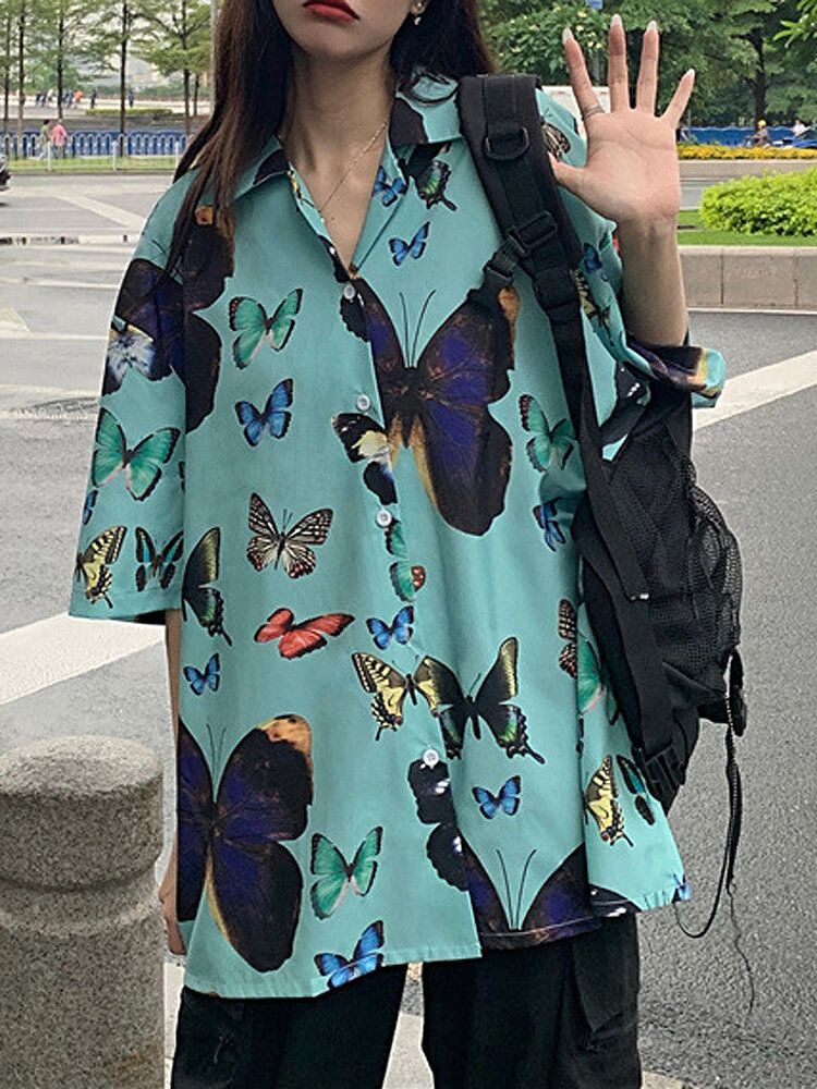 Blusa Causal De Verano De Media Manga Con Cuello Vuelto Con Estampado De Mariposa