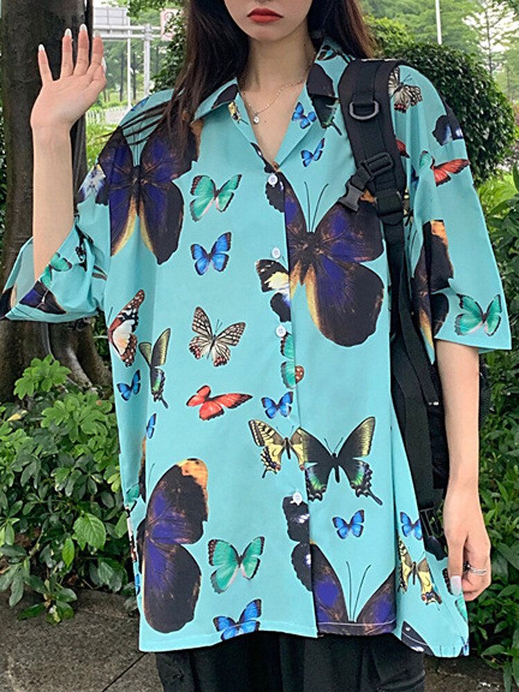 Blusa Causal De Verano De Media Manga Con Cuello Vuelto Con Estampado De Mariposa