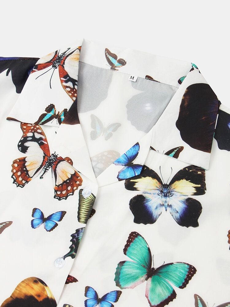 Blusa Causal De Verano De Media Manga Con Cuello Vuelto Con Estampado De Mariposa