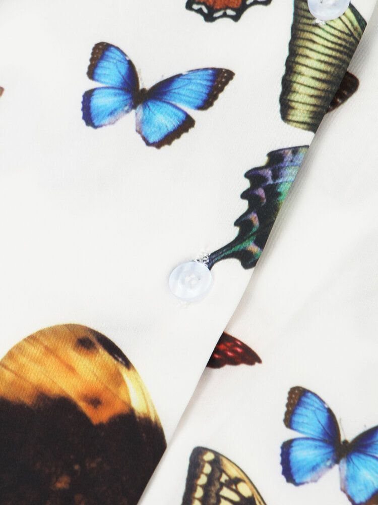 Blusa Causal De Verano De Media Manga Con Cuello Vuelto Con Estampado De Mariposa