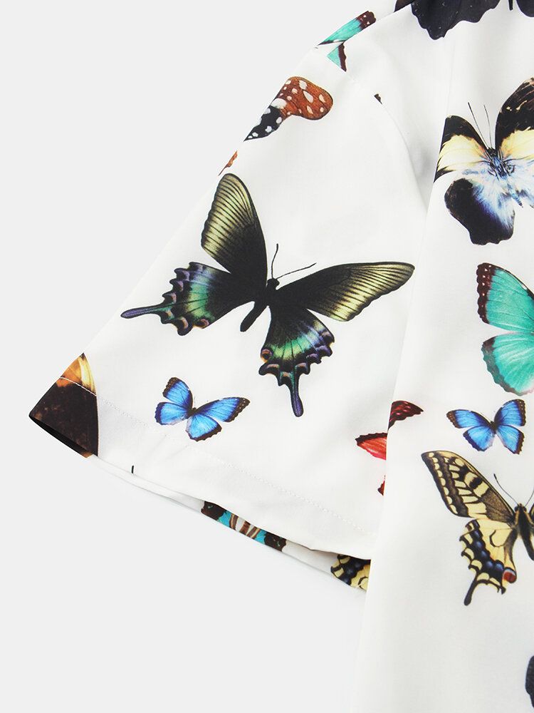 Blusa Causal De Verano De Media Manga Con Cuello Vuelto Con Estampado De Mariposa