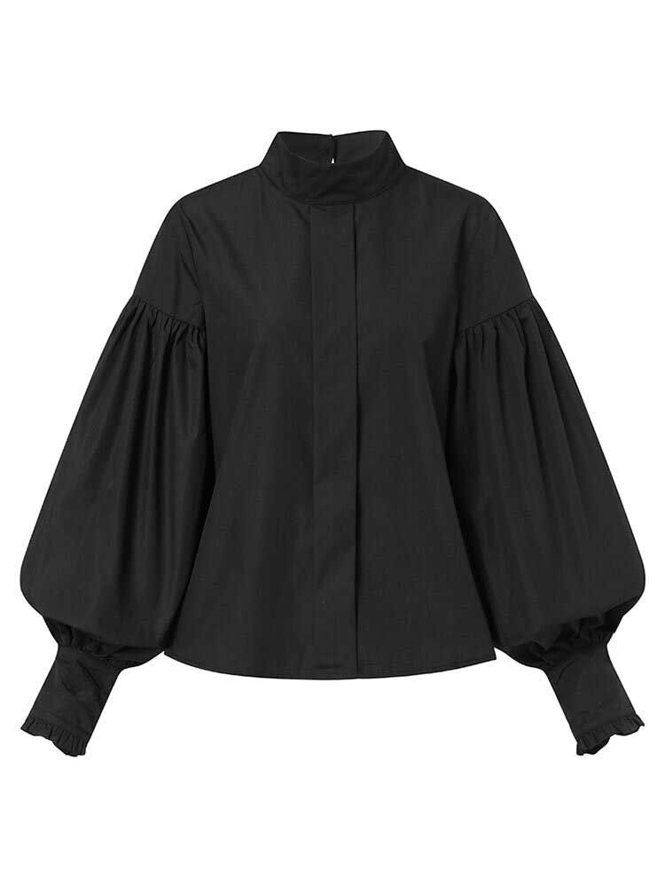 Blusa De Color Sólido Diario Plisada Con Manga De Linterna Y Cuello Alto Para Mujer