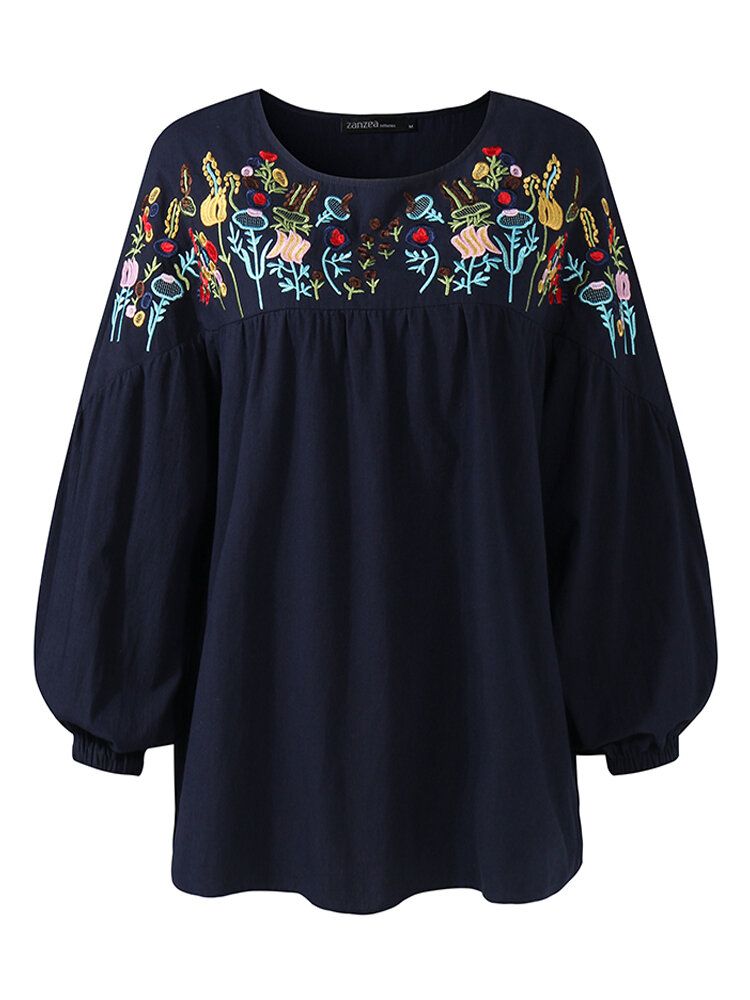 Blusa Cómoda Con Bordado Floral Vintage De Algodón Casual Para Mujer