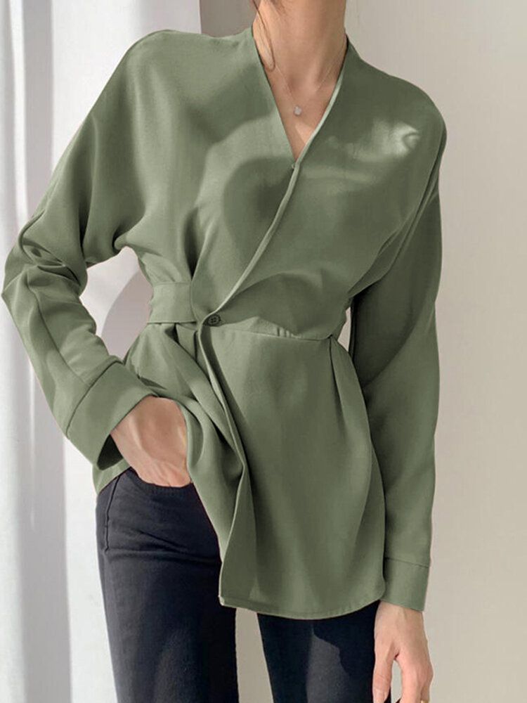 Blusa Con Botones De Estilo Urbano Informal Anudado De Manga Larga Con Cuello En V De Color Sólido Para Mujer