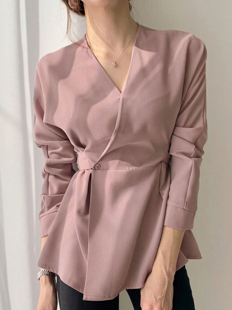 Blusa Con Botones De Estilo Urbano Informal Anudado De Manga Larga Con Cuello En V De Color Sólido Para Mujer