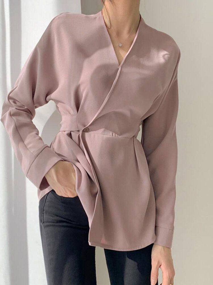 Blusa Con Botones De Estilo Urbano Informal Anudado De Manga Larga Con Cuello En V De Color Sólido Para Mujer