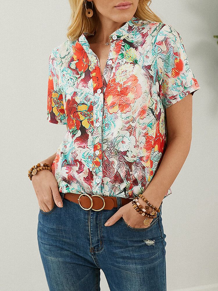 Blusa Con Botones Y Cuello Alto De Manga Corta Con Estampado Calico Para Mujer