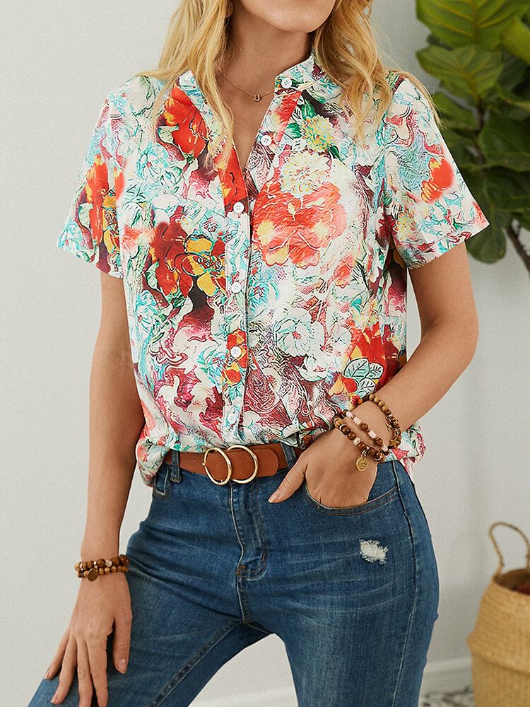 Blusa Con Botones Y Cuello Alto De Manga Corta Con Estampado Calico Para Mujer