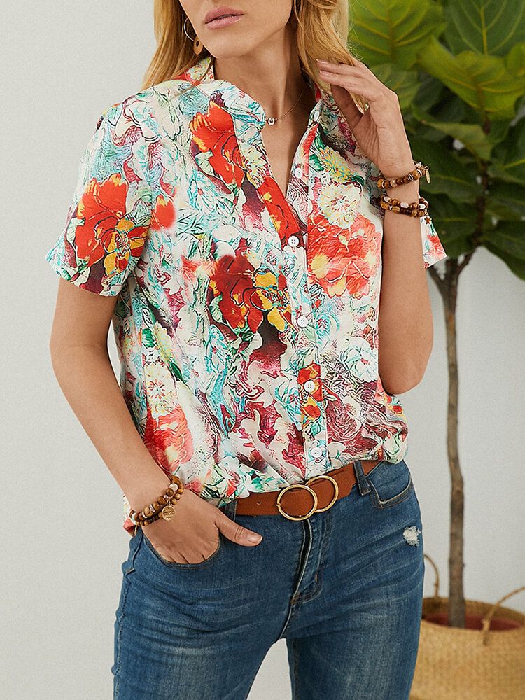 Blusa Con Botones Y Cuello Alto De Manga Corta Con Estampado Calico Para Mujer