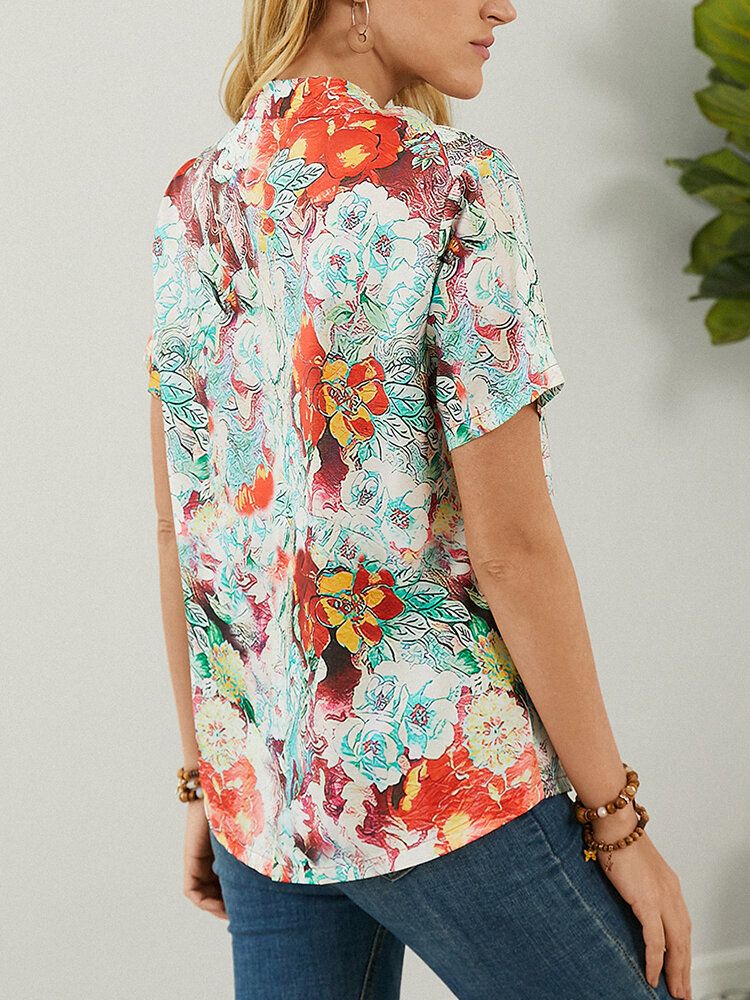 Blusa Con Botones Y Cuello Alto De Manga Corta Con Estampado Calico Para Mujer